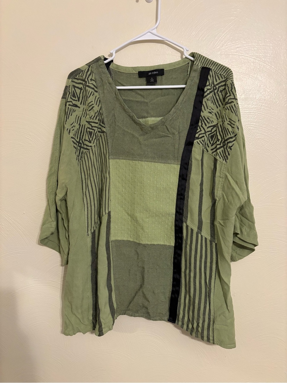 Ali Miles XL Olive Green Patchwork Tunic Top 3/4 Sleeve Boho Artsy